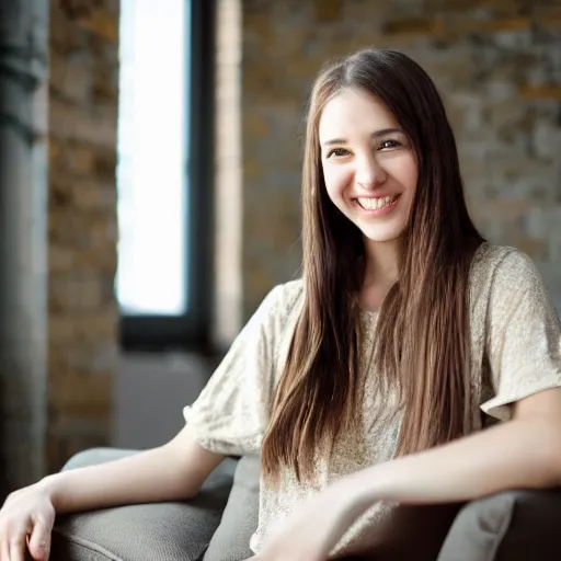 Prompt: Photo of a cute young woman smiling, long shiny bronze brown hair, full round face, emerald green eyes, medium skin tone, light cute freckles, smiling softly, wearing casual clothing, relaxing on a modern couch, interior lighting, cozy living room background, medium shot, mid-shot, soft focus, professional photography, Portra 400