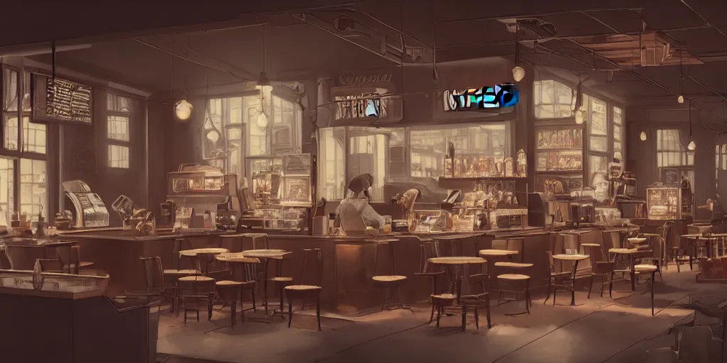 Prompt: an intricate concept art illustration of a coffee shop, no people, cinematic light, style ivan talavera and artgerm, hyper realistic, photorealistic, octane render, trending on artstation, cgsociety, cinematic light, 8 k