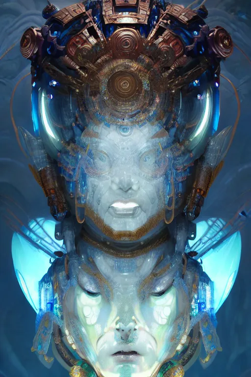 Image similar to asura from chinese myth, ghost, gorgeous and huge head ornaments, dystopian, cyberpunk, organic fractal mycelum and fungi, mecha, halfturn portrait of a big crystal face made of crystals half - turn, ominous, intricate, studio, art by anthony macbain + greg rutkowski + alphonse mucha, concept art, 4 k, sharp focus