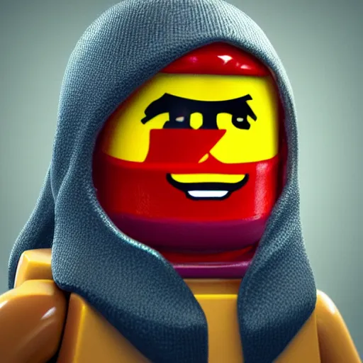 Image similar to portrait of Lego minifigure wearing balaclava, digital art, ultrarealistic, artstation, 8k, hyperdetalied, high quality, high render