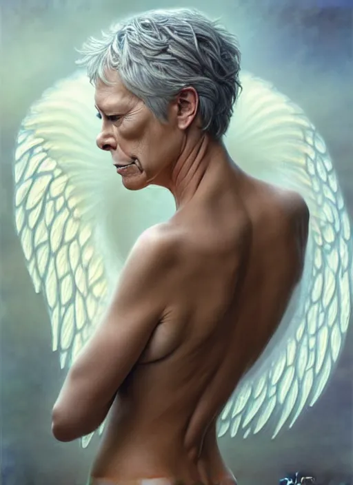 Image similar to jamie lee curtis an angel, aesthetic, fine art, intricate, elegant, highly detailed, realistic hair, centered, digital painting, art station, conceptual art, soft, sharp focus, illustration, artwork, artgerm, tomasz alen kopera, peter mohrbacher, donato giancola, wlop, boris vallejo