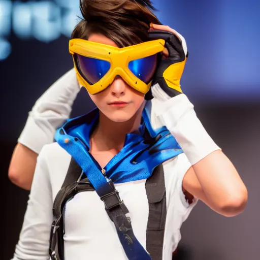 Image similar to tracer from overwatch on catwalk as runway model f/1.4