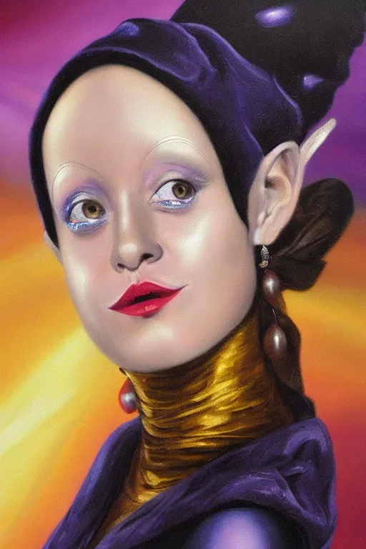 Image similar to hyperrealism oil painting, close - up portrait of commedia dell'arte fashion woman model, gradient mixed with nebula sky, in style of baroque