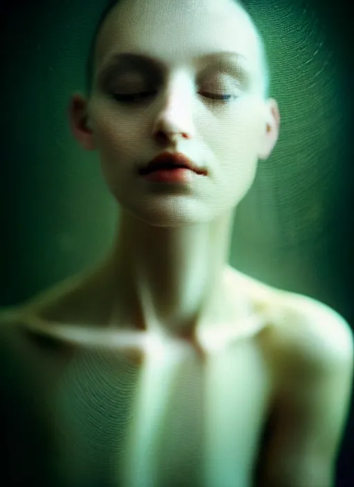 Prompt: ! dream cinestill 5 0 d photo portrait of a beautiful hybrid woman in style of paolo roversi by roberto ferri, translucent flint body intricate detailed, intricate luminous flint vines and wires ornamental hair, blurry, double - exposure, emotionally evoking, head in focus, radiant volumetric lighting, dark mode