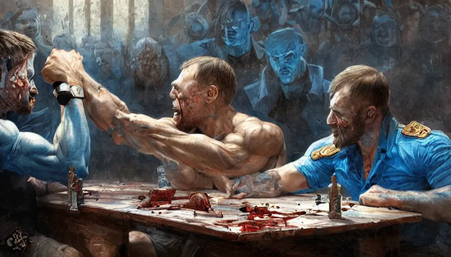 Image similar to arm wrestling between putin and his mind, hyperrealistic, digital concept art, caricature illustration, comics, bloody, violent. horror. art by gaston bussiere and greg rutkowski in yelow and blue color