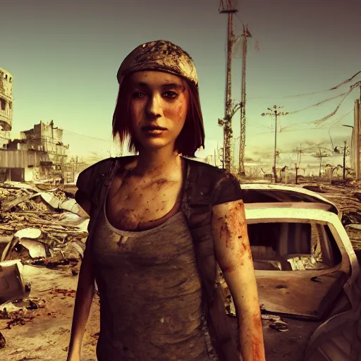 Image similar to pretty face, wide angle lens, photorealistic, 4k, background of destroyed city post apocalyptic, steakpunk, soft lighting, portrait