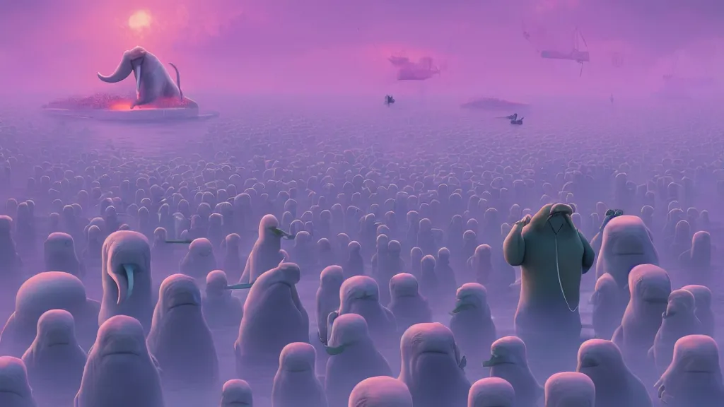 Prompt: an Epic Giant Walrus Battling an army of 1000s of Obama Clones by Beeple, 4K