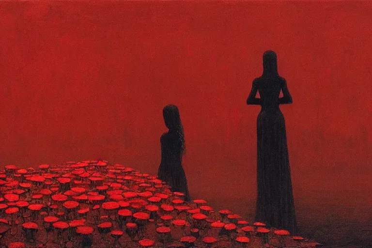 Image similar to only with red, red flowers of different types, red castle in background, red medieval goblins, in the style of beksinski, parts by edward hopper, parts by rodcenko, parts by yue minjun, intricate and epic composition, red by caravaggio, insanely quality, highly detailed, masterpiece, red light, artstation, 4 k