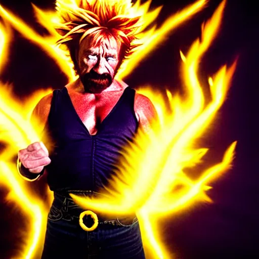 Image similar to uhd candid photo of cosmic chuck norris as a super sayian powering up, glowing, global illumination, studio lighting, radiant light, hyperdetailed, correct face, elaborate intricate costume. photo by annie leibowitz