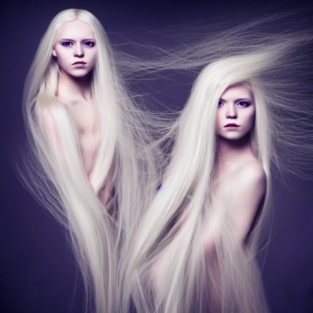 Image similar to photo portrait of a young woman with long blond hair dressed in long white, fine art photography light painting in style of Paolo Roversi, professional studio lighting, dark background, hyper realistic photography, fashion magazine style