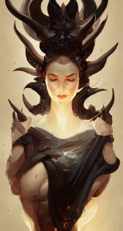 Image similar to a digital painting of a woman with horns on her head, concept art by peter mohrbacher, featured on cgsociety, fantasy art, cosmic horror, artstation hd, dark and mysterious