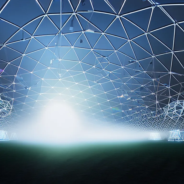 Image similar to an immaculate volumetric path tracing lighting render of a of beautiful iridescent large geodesic dome device at the center of a vast modern datacenter, fog, god rays, and nixie tubes by eric lafforgue and beeple, beautiful modern colors, ultradetailed, 4k ultra