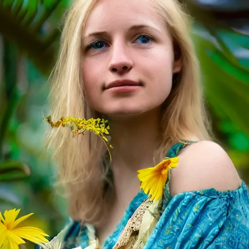 Image similar to petzval lens. shallow depth of field. head and shoulders portrait photograph of an extremely beautiful!!!! young blonde female. symetric face. round detailed eyes. with a very detailed barn owl! on her shoulder. wearing a yellow kimono!!.. in a tropical greenhouse. featured on flickr, art photography, photo taken with provia,