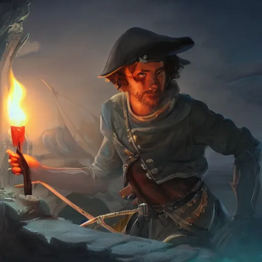 Image similar to concept art of a swashbuckler holding a candle discovering a sunken city, wearing a cape, wearing a night cap, highly detailed, digital art, illustration, artstation, very detailed, 4 k