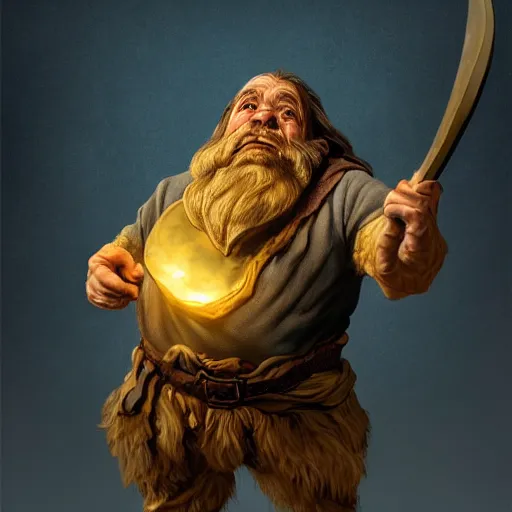 Image similar to portrait of a dwarf showing off the humongous raw gold nugget with organically sculpted lines, realistic, beautiful, fantasy art, dnd, lord of the rings, mid - shot, moody lighting, by eyvind earle, wlop, artgerm, concept art, sharp focus, ray tracing