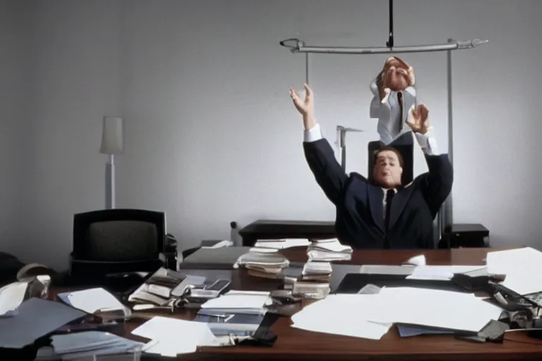 Image similar to cinematic film still from 1994 film: portly clean-shaven white man wearing suit and necktie at his desk, holding his left up in the air, XF IQ4, f/1.4, ISO 200, 1/160s, 8K, RAW, dramatic lighting, symmetrical balance, in-frame