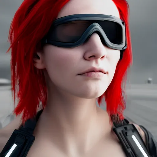 Image similar to red haired female, cyberpunk, wearing futuristic goggle, cyborg ; photorealistic, hyper real, 8 k, high details