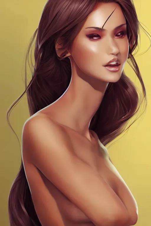 Image similar to Tanned beauty portrait, midi dress by Artgerm and WLOP, Pixiv