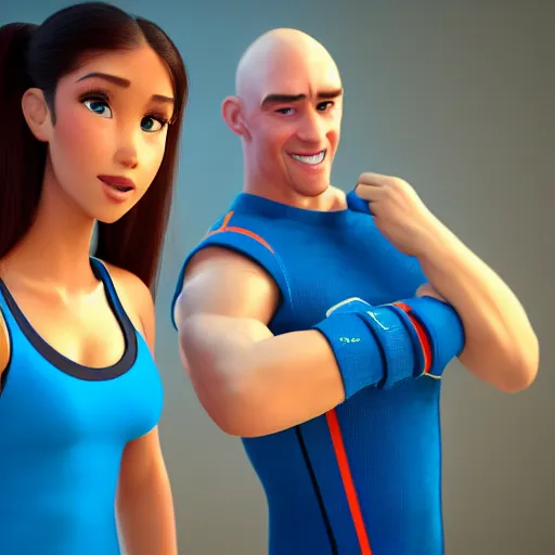 Image similar to young beautiful athletic Filipino woman with long hair standing beside a handsome caucasian athletic thin man with very short buzzed hair, balding, stubble on his face, blue eyes, they are posing, depicted as adult Pixar characters, high quality cg render, 4k