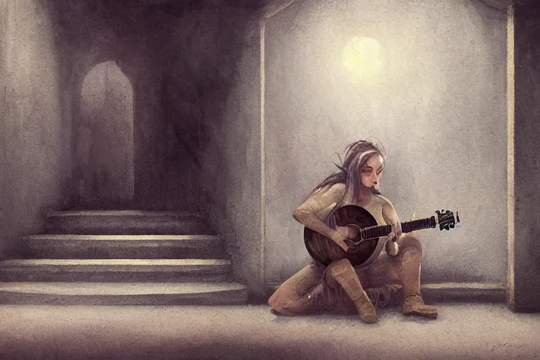 Prompt: an empty brutalist chamber, lonely, somber, a cursed lute, oud, guitar designed by brian froud leans against the wall alone, abandoned. a thin wisp of smoke rises from the lute. late afternoon lighting cinematic fantasy painting by jessica rossier