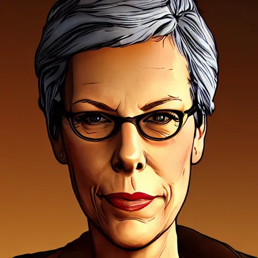 Image similar to jamie lee curtis portrait, borderlands, tales from the borderlands, the wolf among us, comic, cinematic lighting, studio quality, 8 k