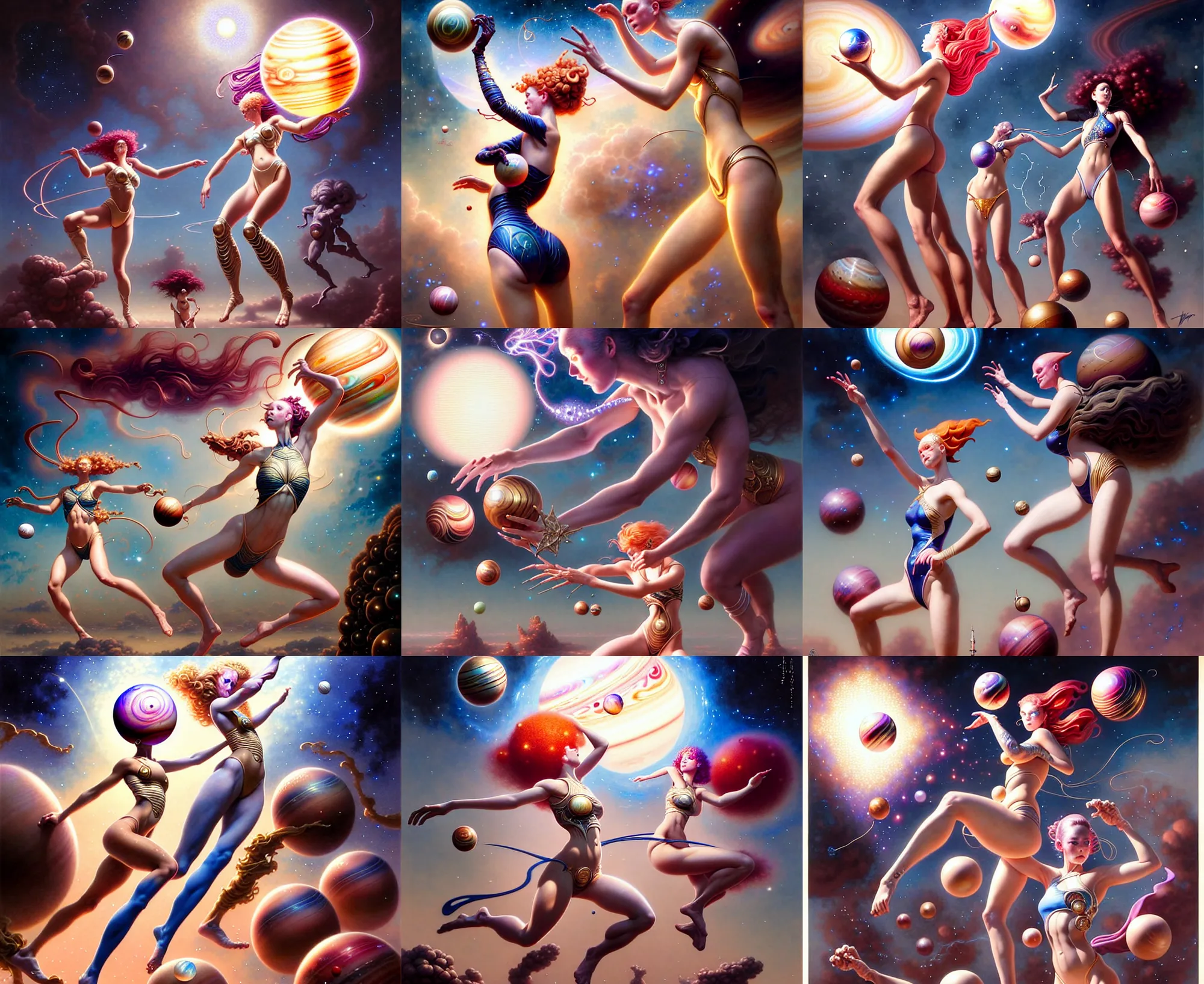 Prompt: girls throwing a ball that looks like jupiter, fantasy character portrait, bikini, bodysuit, leotard, ultra realistic, wide angle, intricate details, the fifth element artifacts, highly detailed by peter mohrbacher, hajime sorayama, wayne barlowe, boris vallejo, aaron horkey, gaston bussiere, craig mullins