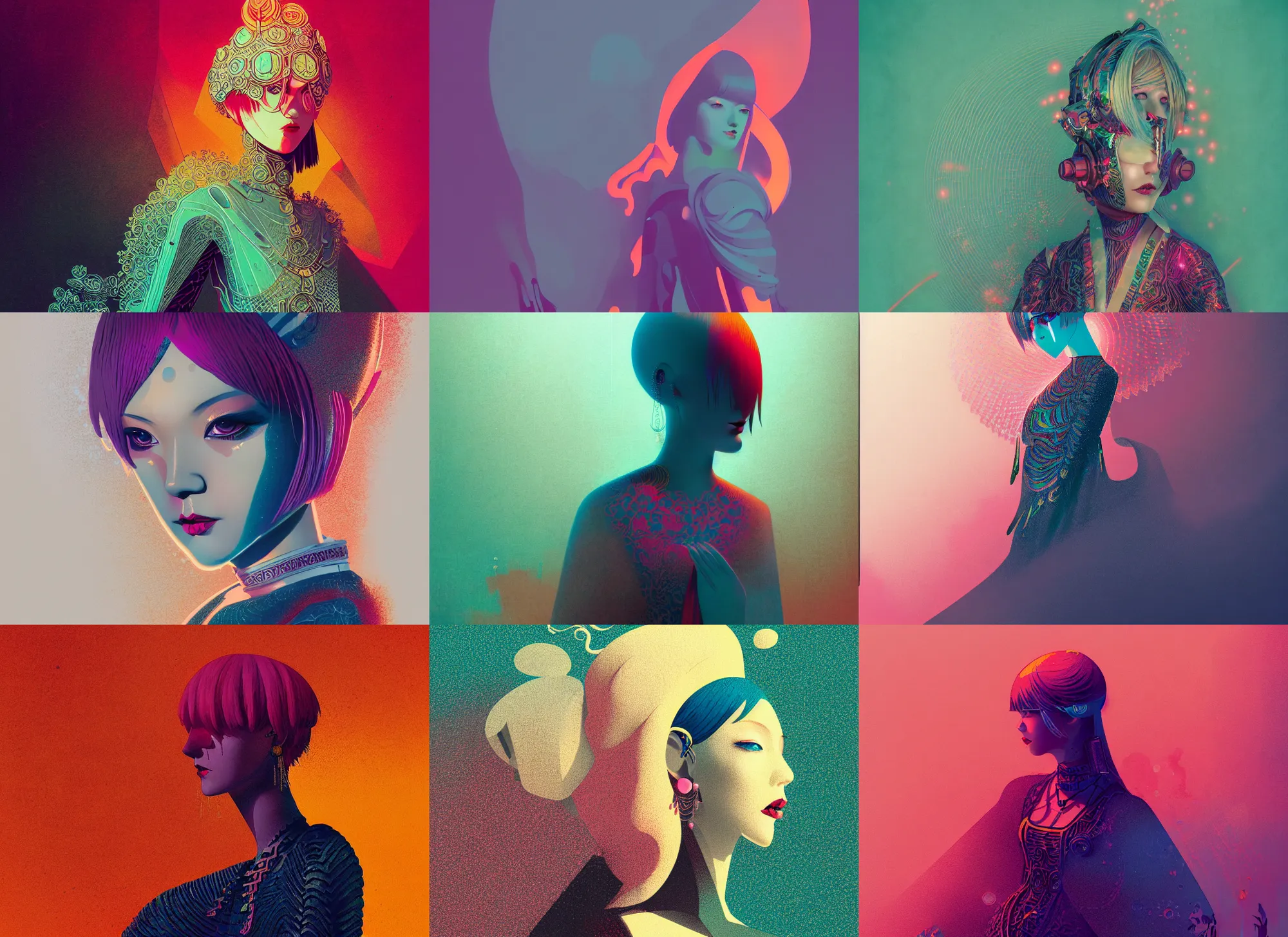 Prompt: portrait of women like reol in ornate costume, colorful, modern art deco, mads berg, karolis strautniekas, christopher balaskas, stippled light, fog, moody, fine texture, editorial illustration, dramatic lighting, dynamic composition, detailed, matte print, dynamic perspective, muted color