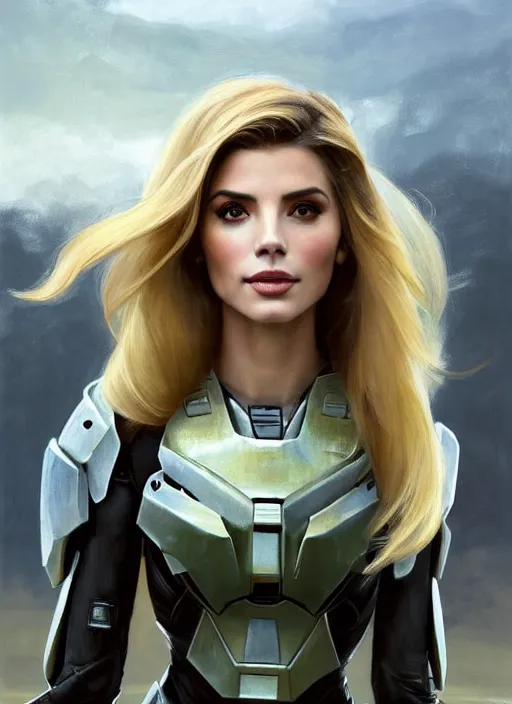 Image similar to portrait of a combination of Ashley Greene, Victoria Justice, Adriana Dxim, Grace Kelly and Lily Collins with blonde hair wearing Forerunner Armor from Halo, countryside, calm, fantasy character portrait, dynamic pose, above view, sunny day, thunder clouds in the sky, artwork by Jeremy Lipkin and Giuseppe Dangelico Pino and Michael Garmash and Rob Rey and Greg Manchess and Huang Guangjian, very coherent asymmetrical artwork, sharp edges, perfect face, simple form, 100mm