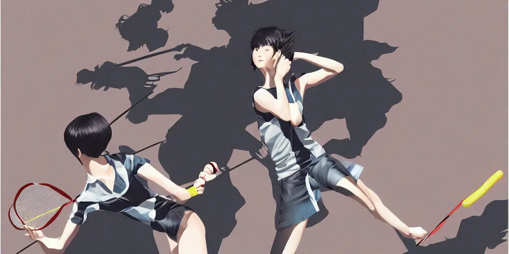 Prompt: illustration of a badminton, realistic body poses, badminton rackets, badminton birdies, by ilya kuvshinov katsuhiro otomo