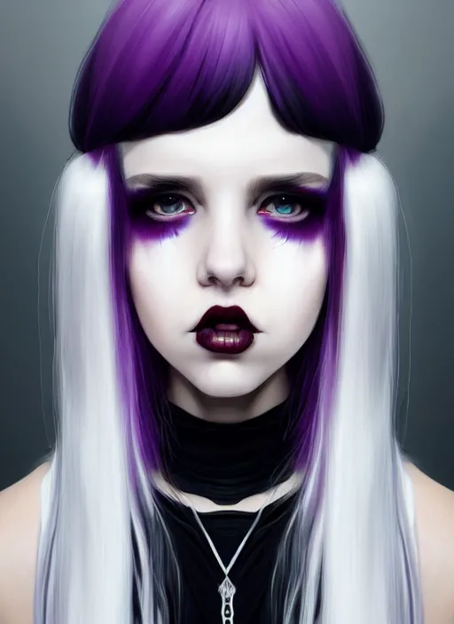 Image similar to portrait of white teenage girl, normal face, white bangs, mall goth, cyberlox, black and white hair, bangs, fluffy bangs, red contact lenses, purple lipstick, intricate, elegant, highly detailed, digital painting, artstation, concept art, sharp focus, smooth, illustration, art by wlop, mars ravelo and greg rutkowski