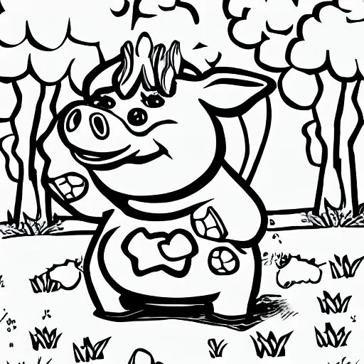 Image similar to cute cheerful pig with his two ears and his trunk in a meadow, colouring - in sheet, concept design, character art, sharp focus, highly detailed, artstation