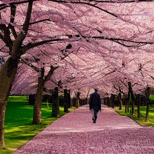 Image similar to a man walks through cherry blossom trees, digital art