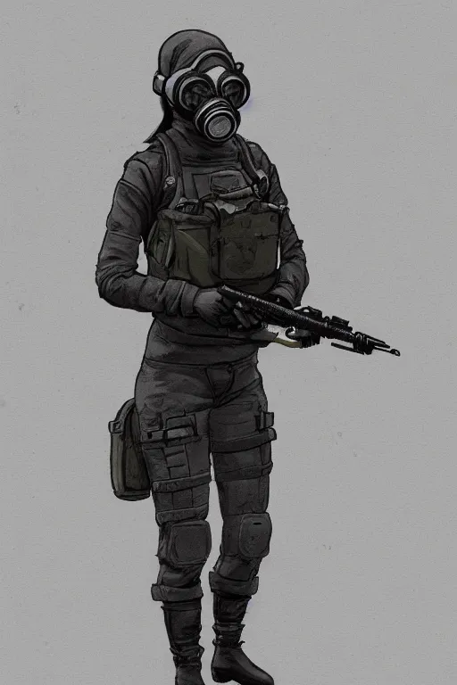 Image similar to medieval british sas female operative with the standard s 1 0 gas mask and the black uniform, artstation, trending on artstation, establishing shot, by simon stalenhag