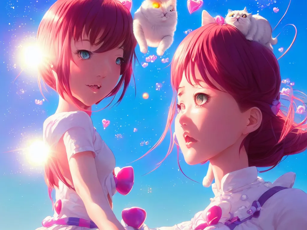 Image similar to bubbly lovely hopefully magical girl flying to the sun set with her kitty, occlusion shadow, specular reflection, rim light, unreal engine, artgerm, artstation, art by hiroaki samura and ilya kuvshinov and ossdraws, high quality, intricate detailed 8 k, fantasy illustration, extremely beautiful and aesthetic shape of face and body, movie poster