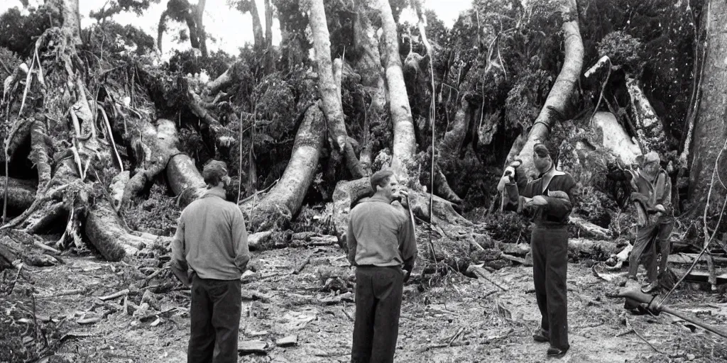 Image similar to bbc tv presenter louis theroux holding a microphone talking to men cutting down ancient kauri trees at great barrier island, new zealand. enormous giant logs in background 1 9 5 0's photograph