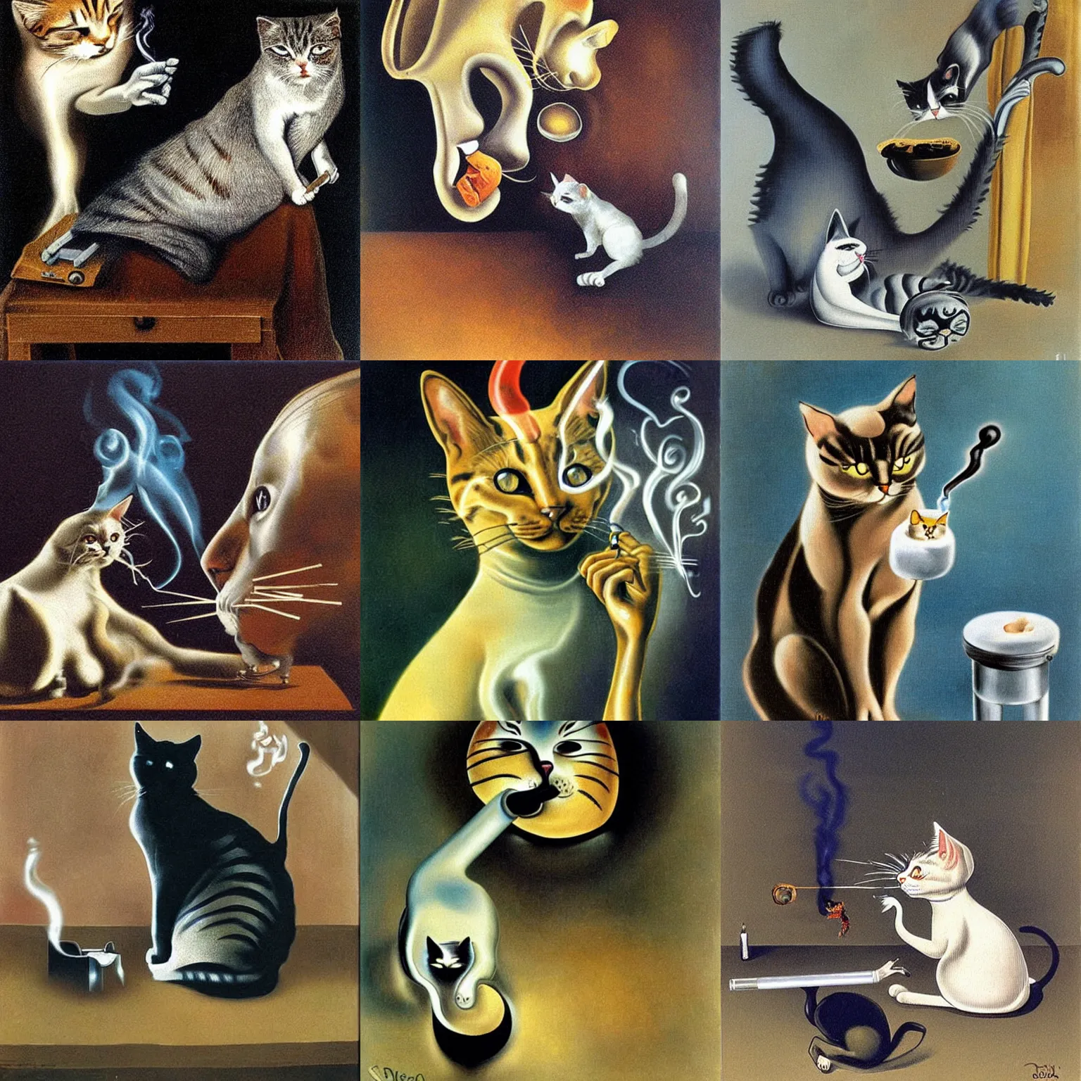 Prompt: cats smoking cigarettes by Salvador Dali