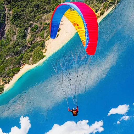 Image similar to elon musk is paragliding in oludeniz, studio ghibli, anime background, azure sky,