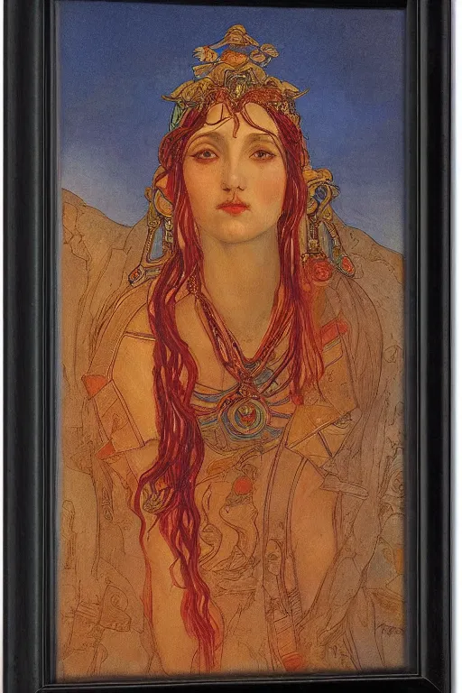 Image similar to goddess of the ancient city by Annie Swynnerton and Nicholas Roerich, strong dramatic cinematic lighting , ornate headdress , flowing robes, lost civilizations, smooth, sharp focus, extremely detailed