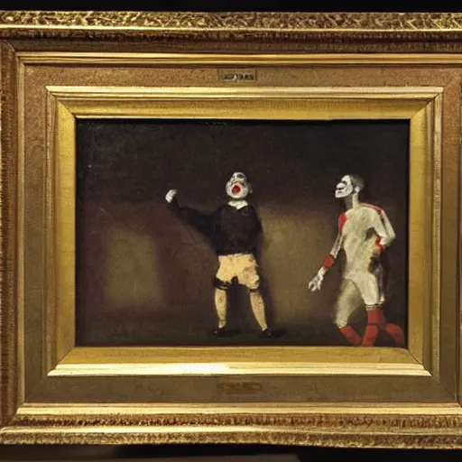 Image similar to an oil painting of a clown watching soccer on tv, goya, dark,