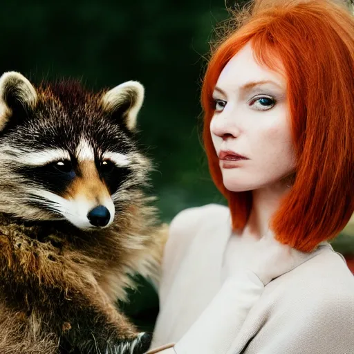 Image similar to a high - fashion photo of a slender beautiful woman with straight ginger hair and bangs, wearing purple leathers and gold helmet, posing with large ginger tabby and raccoon on a motorcycle in front yard, holding toasted brioche bun, dramatic lighting, 8 5 mm lens