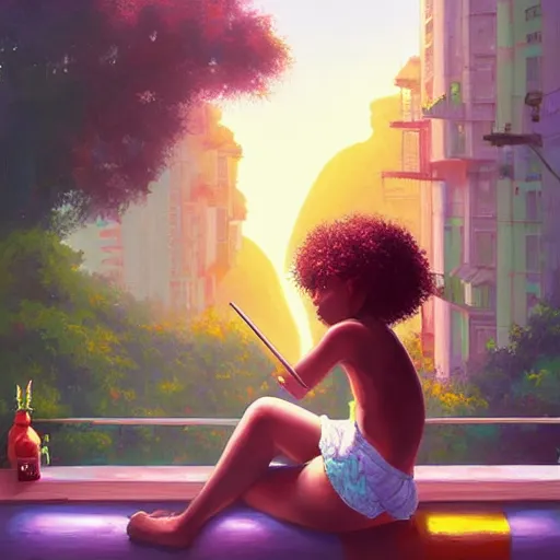 Image similar to lo-fi colorful masterpiece by Ross Tran, WLOP, Dan Mumford, Christophe Vacher, painting, black girl, curly hair, with headphones, studyng in bedroom, window with rio de janeiro view, lo-fi illustration style, by WLOP, by loish, by apofis, alive colors