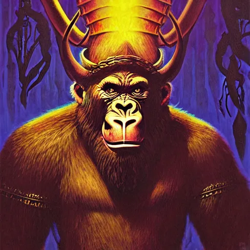 Image similar to barong family member, viking warrior, viking beard, reindeer horns, runic inscription, king kong, gorilla, wiwek, mara demon, one single tribe member, jungle, one single mask, dark, ancient warrior, tribal, inner glow, art by dan mumford and justin gerard and wayne barlowe and bob pepper