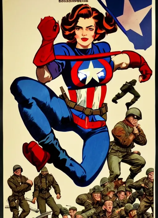 Image similar to beautiful female captain america standing on a pile of defeated, beaten and broken german soldiers. feminist captain america wins wwii. american wwii propaganda poster by james gurney and ralph bakshi. gorgeous face. overwatch.