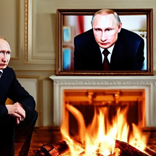 Image similar to portrait vladimir putin looking into a log fire smirking reflections lighting clasical