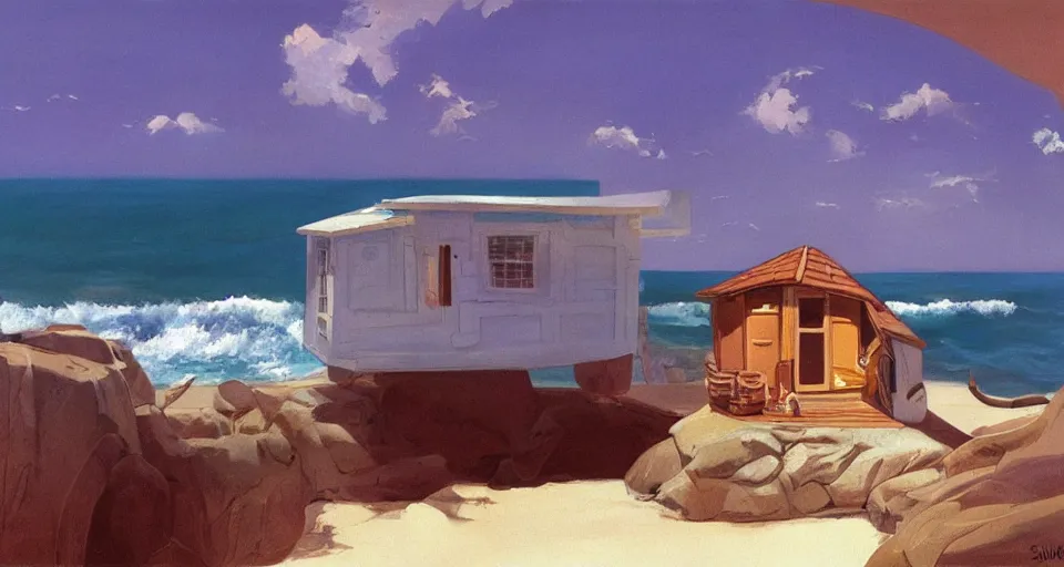 Image similar to tiny seashell house where a hermit girl lives, atmospheric cinematography by syd mead