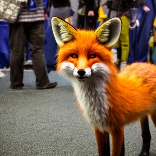 Prompt: portrait of a realistic fox fursuiter at a furry convention, indoors, realisitc photo