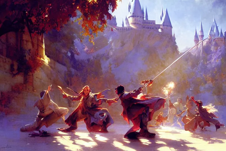 Prompt: harry potter, magic fight, vibrant colors and hard shadows and strong rim light, light blue clear sky, cool white color temperature, painting by gaston bussiere, craig mullins, j. c. leyendecker