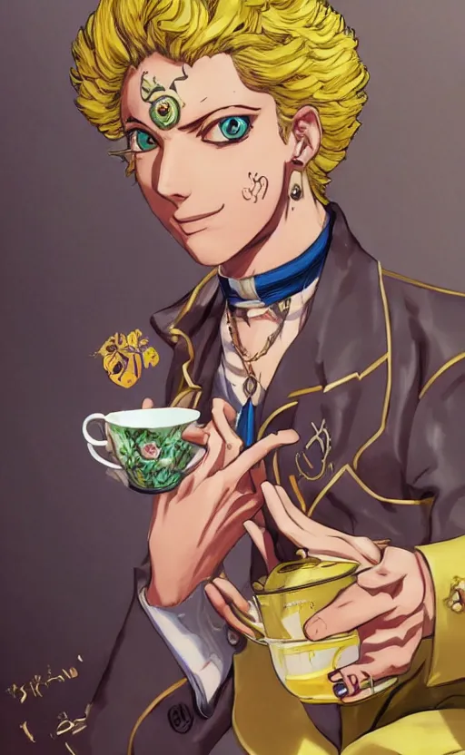 Image similar to giorno giovanna drinking tea, jojo's bizarre adventure, official art, concept art, digital paintting, artstation, 4 k