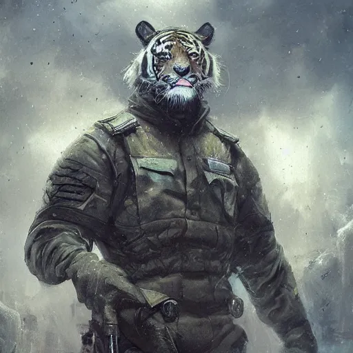 Prompt: a aesthetic award winning commission portrait of a fit anthro tiger wearing military uniform,digital art,art by greg rutkowski,art germ,charles bowater,trevor henderson,detailed beautfiul face,photorealistoc,hyperdetailed,dramatic,artstation,deviantart,professional lighting,western comic art,clean lineart