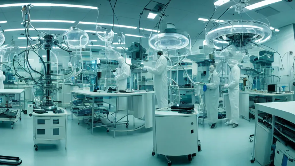 Image similar to a huge octoidal mri machine and control panels in the laboratory inspection room, film still from the movie directed by denis villeneuve with art direction by salvador dali, wide lens